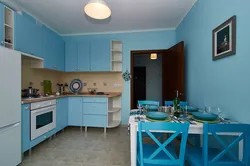 Blue Wallpaper With Flowers In The Kitchen Photo