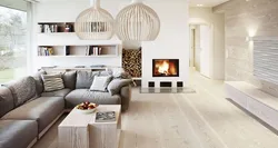 Living room design with gray laminate flooring