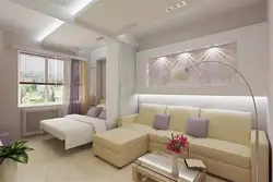 Дизайн прямоугольной комнаты гостиная спальня с балконом