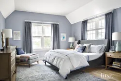 Gray blue wallpaper in the bedroom interior