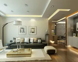 Lighting design for suspended ceilings in the living room in a modern style photo