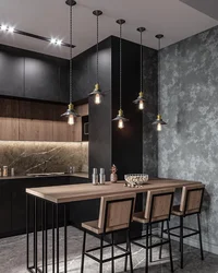 Living room design with black kitchen