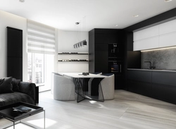 Living room design with black kitchen