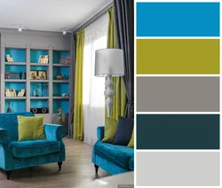 What colors go with gray and brown in the living room interior
