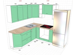 Corner kitchens with a sink in the corner and a refrigerator photo