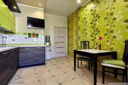 Light green wallpaper in the kitchen in the interior photo