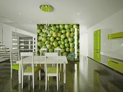 Light green wallpaper in the kitchen in the interior photo