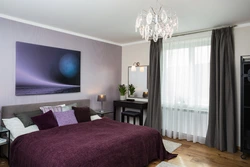 Gray curtains in the bedroom interior