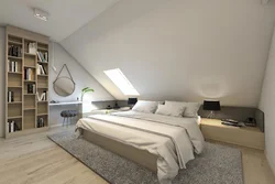 Bedroom interior in a house with a sloping ceiling