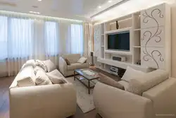 Living room design in light colors with a corner sofa