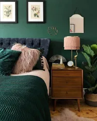 Bedroom interior with green and brown colors