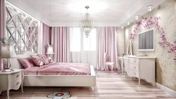 Pink wallpaper in the bedroom interior