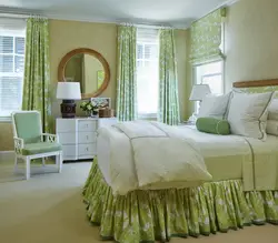 Green curtains in the bedroom interior