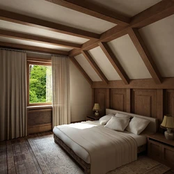 Bedroom design with a sloping ceiling in a wooden house