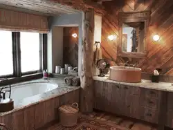 Design Of A Bath With Toilet In A Wooden House Photo