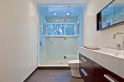 Терезесі бар үйде душ кабинасы бар ванна мен дәретхананың дизайны
