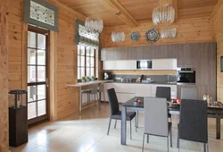Living room kitchen design in a wooden house made of timber