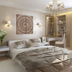 Beige bed in a gray bedroom photo