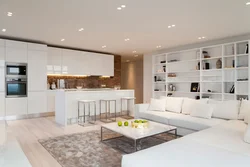 Modern living room and kitchen design in white colors