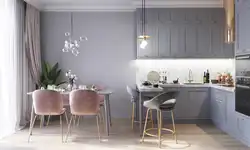 Gray kitchen in the interior combination with wallpaper