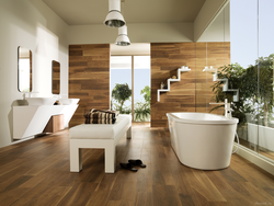 Wood-look porcelain tiles on the wall in the bathroom photo