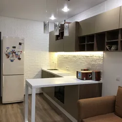 Kitchen design with bar counter, table and sofa