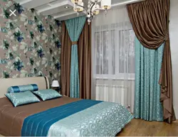 Turquoise curtains in the bedroom interior