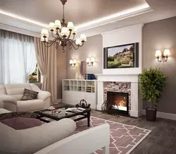 Bright living room interior with fireplace