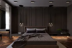 Dark bedroom design photo in modern