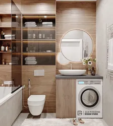 Bathroom design with bathtub toilet and washing machine