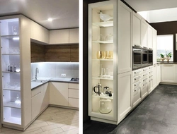 Glass cabinets in the kitchen interior