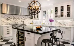 Marbled wallpaper in the kitchen interior