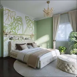 Фота спальні з зялёнымі сценамі