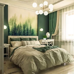 Фота спальні з зялёнымі сценамі