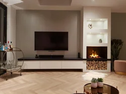 Дизайн гостиной с электрическим камином и телевизором фото