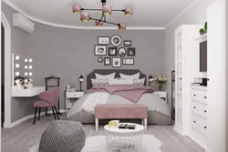 Bedroom interior in gray and pink tones