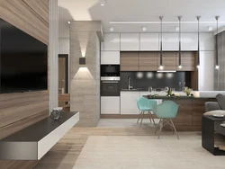 Modern design of living room kitchen in apartment