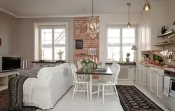 Interior of a kitchen living room in a Scandinavian style house