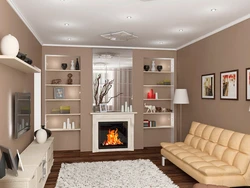 Living room interior 18 sq m with fireplace