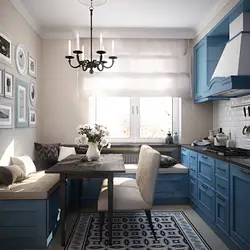 Синий диван на кухне в интерьере
