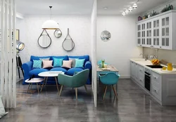 Blue sofa in the kitchen in the interior