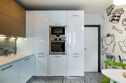 Corner kitchen design with refrigerator in the corner