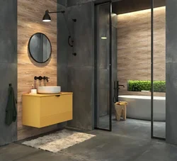 Bathroom design wood and concrete tiles