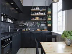 Чорны кухонны гарнітур у маленькую кухню фота