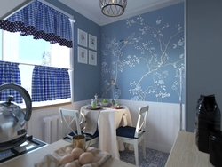 Kitchen design with blue wallpaper