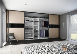 Photo of a bedroom in a modern style with a compartment