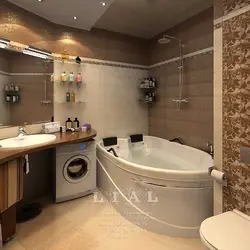 Интерьер с угловой ванной и стиральной машиной