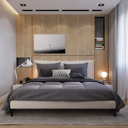 Interior design of a small bedroom with a bed