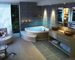 Photo Of A Bathroom With A Bathtub In The Middle