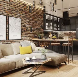 Kitchen design with living room in modern loft style